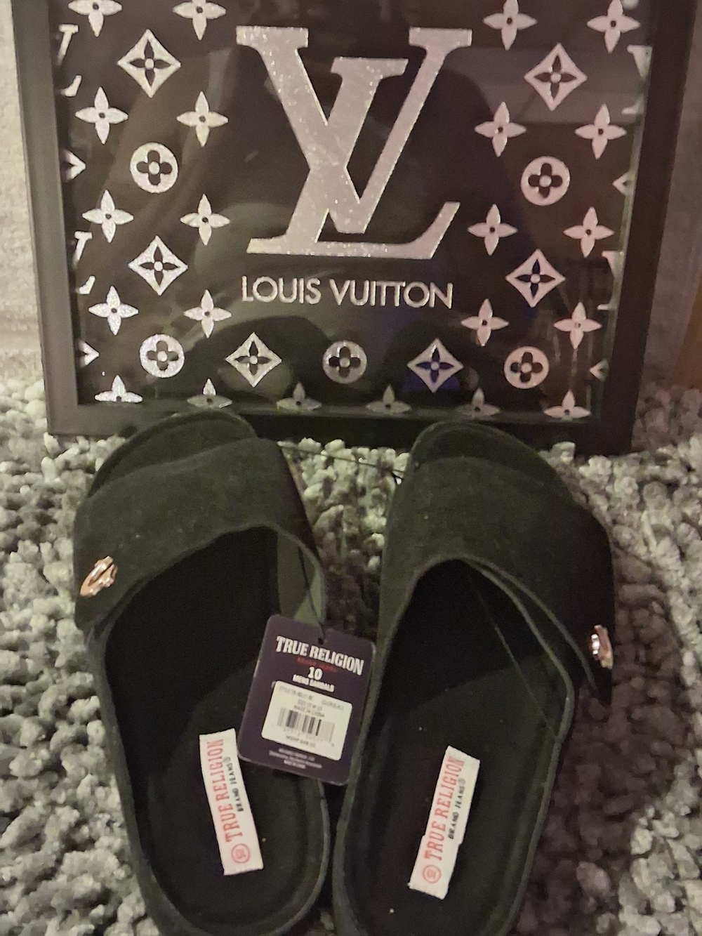 True Religion Black Suede Slide Sandals with Gold Logo Accent